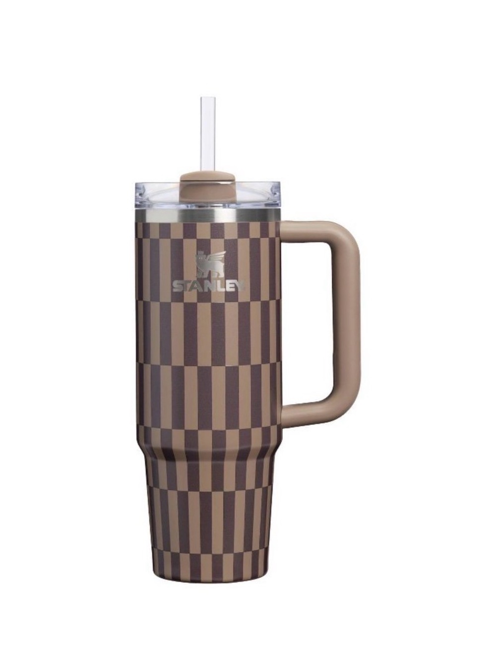 Stanley Two-Tone Brown Checkered Insulated Travel Mug with Handle and Straw-